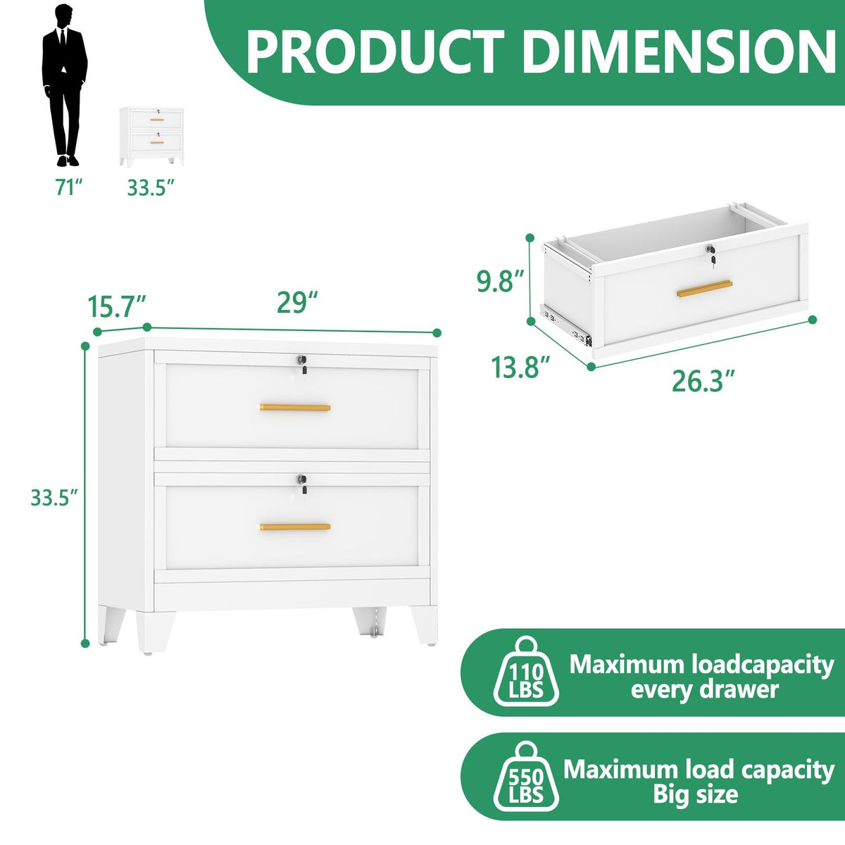 White 2 Drawer Metal Lateral File Cabinet with Lock M422010