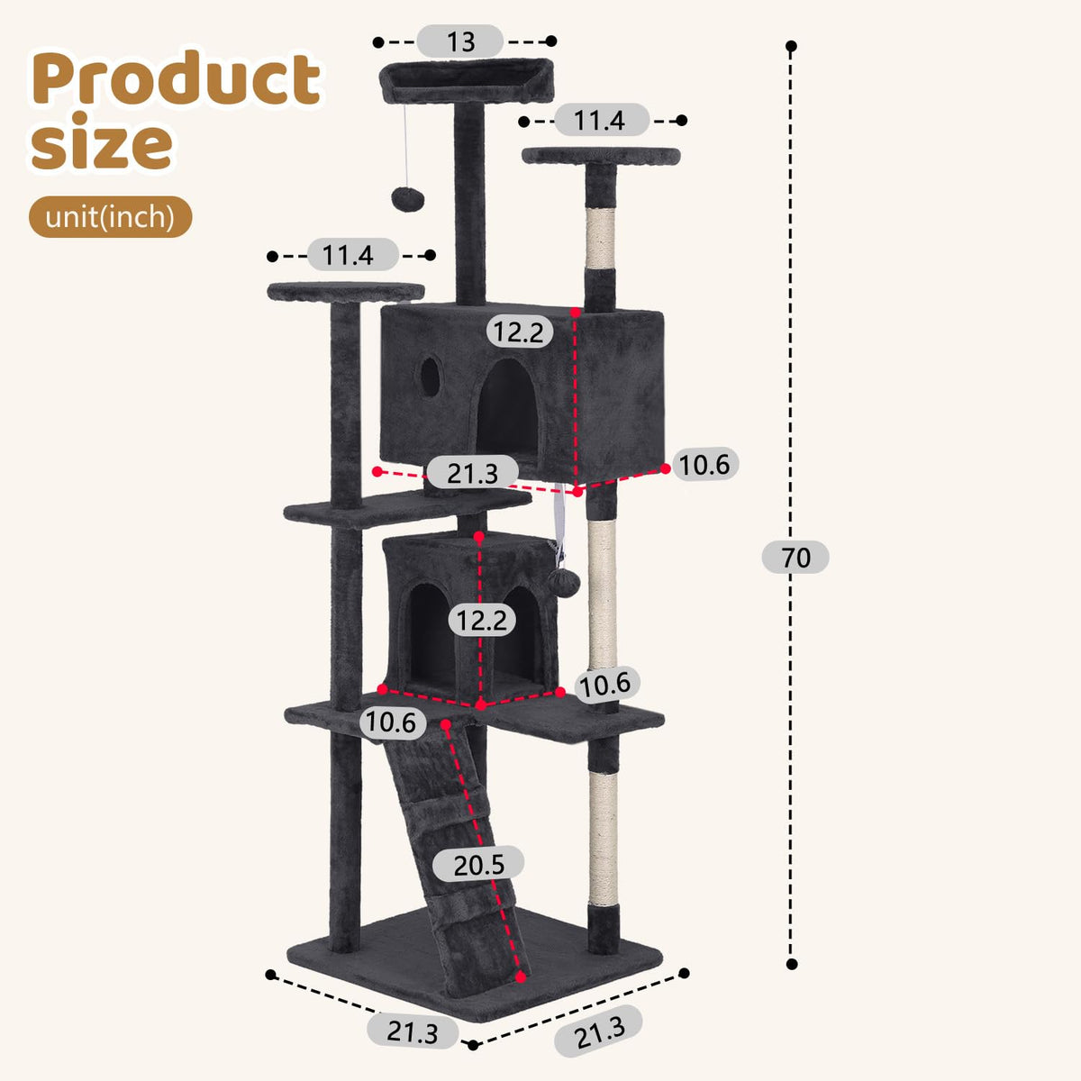 70 Inch Dark Gray Multi-Level Cat Tree with Condo U765603