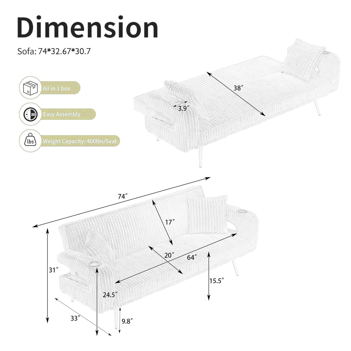 Orange Velvet Convertible Sofa Bed U694104