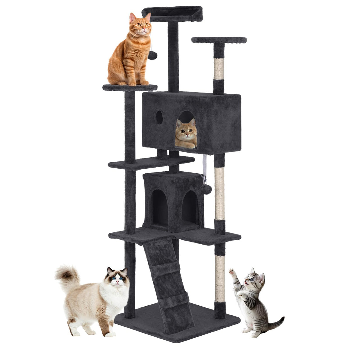 70 Inch Dark Gray Multi-Level Cat Tree with Condo U765603