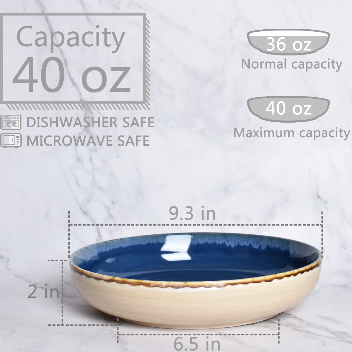 Large Stoneware Pasta Bowls, Set of 4, 40 Oz, Microwave and Dishwasher Safe G579