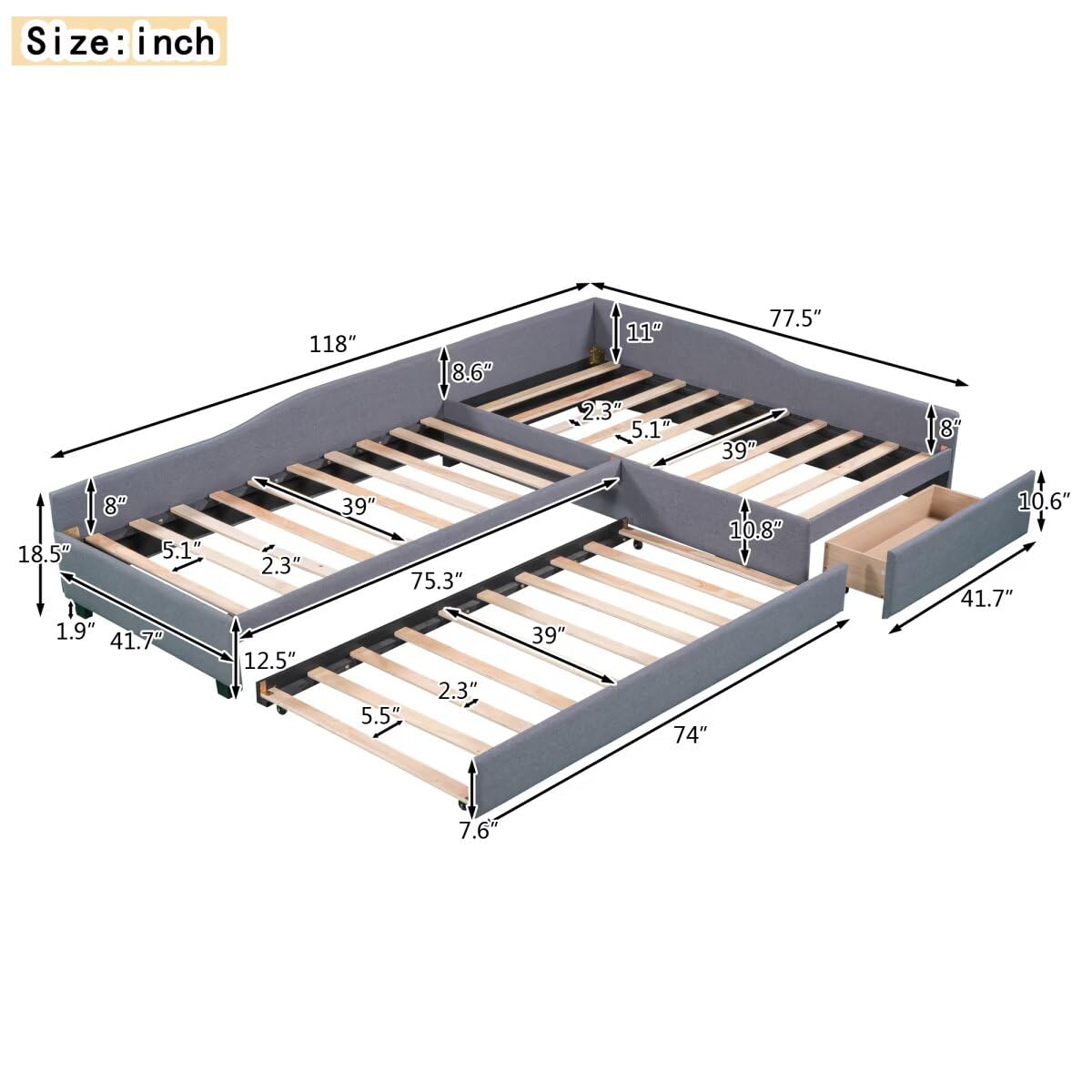 Gray L-Shaped Daybed with Trundle & Drawer D733715