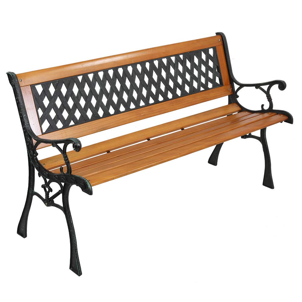 Weather Resistant Cast Iron Teak Wood 3-Person Outdoor Bench M12047