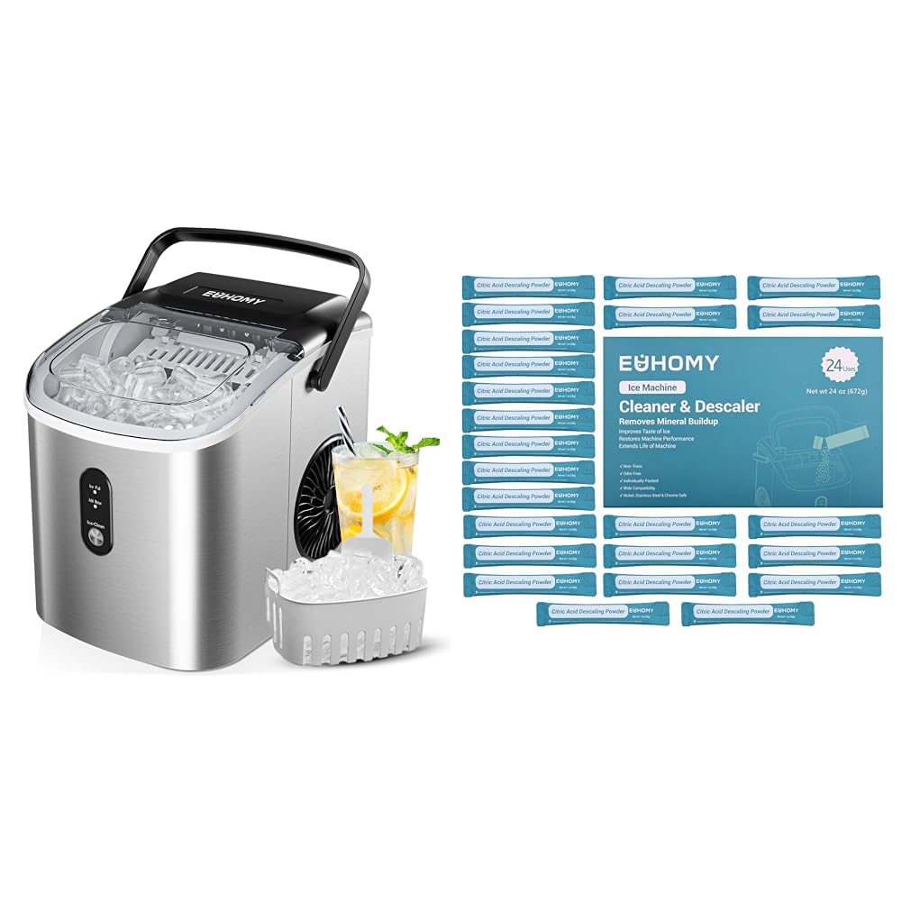 Countertop Ice Maker Machine with Handle, 26.3lbs Per Day, 9 Cubes in 6 Mins + Ice Maker Cleaner & Descaler A192