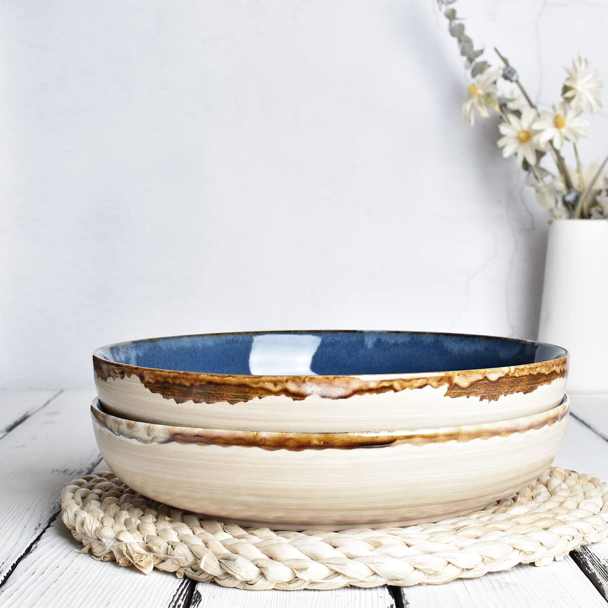 Large Stoneware Pasta Bowls, Set of 4, 40 Oz, Microwave and Dishwasher Safe G579