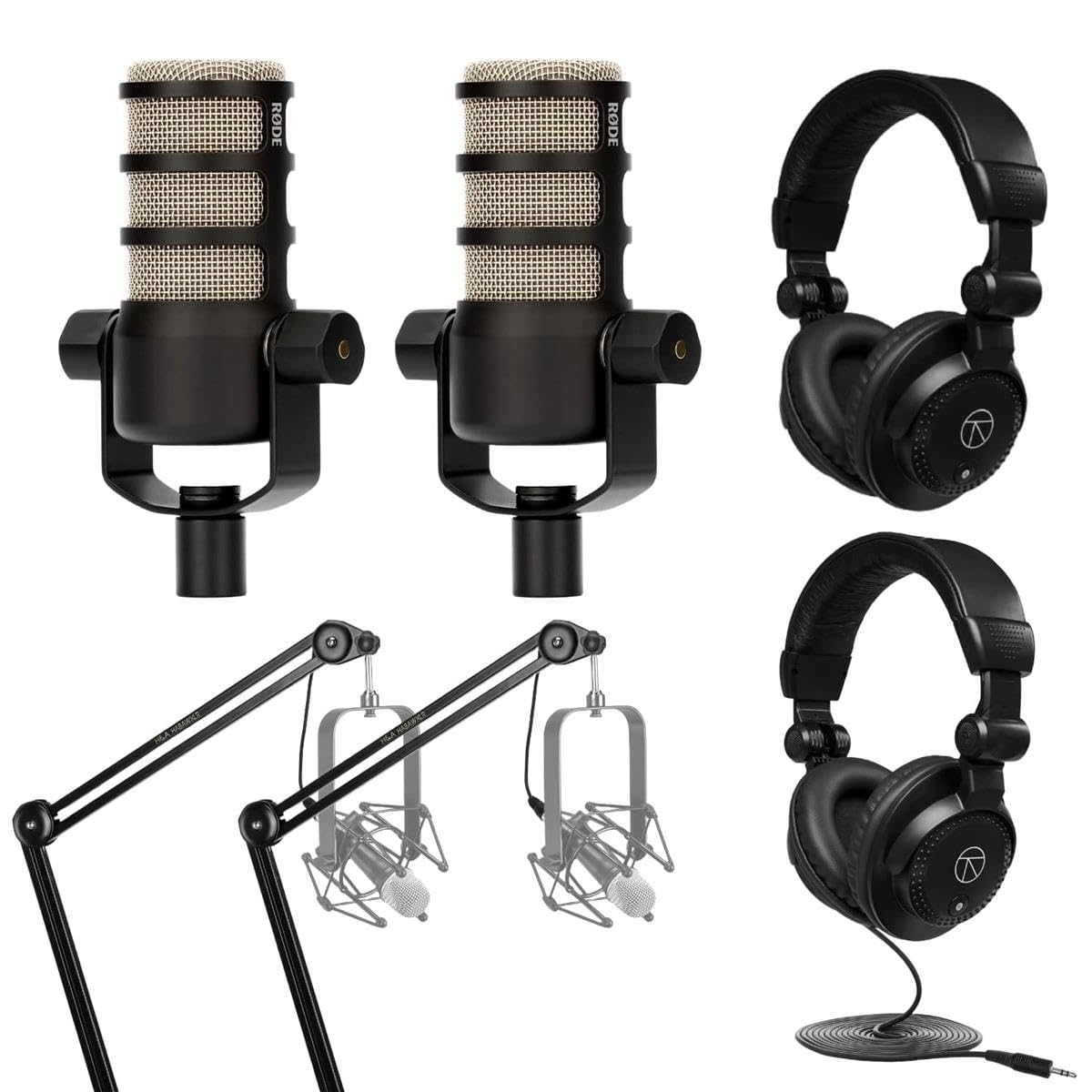 Dynamic Podcasting Microphone Black Pair with 2X Broadcast Arms and 10' XLR Cables X9487