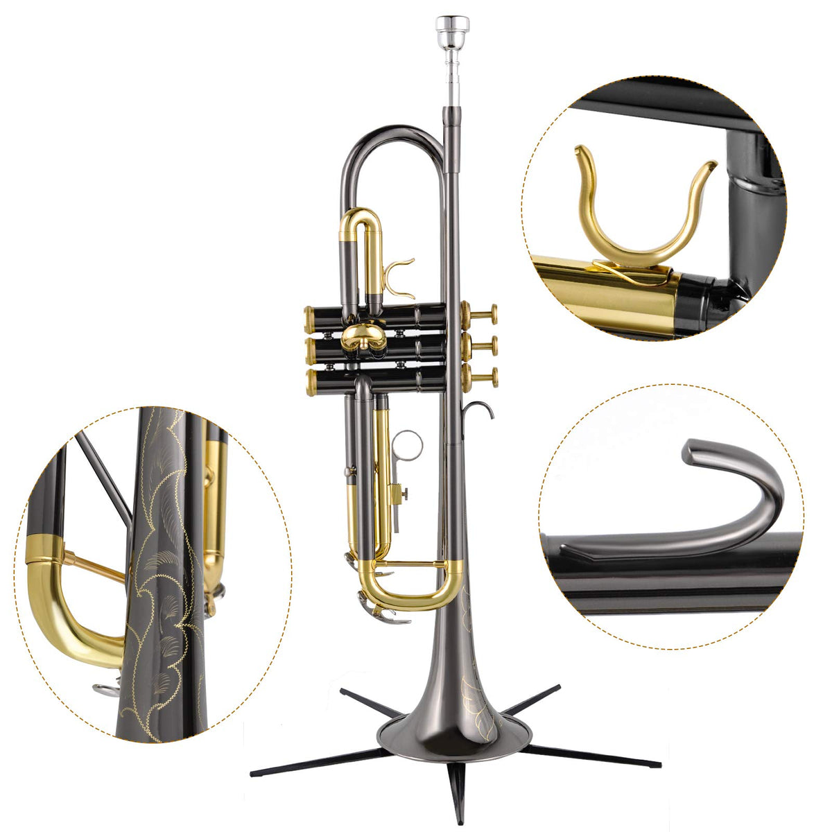 Bb Trumpet Set with Carrying Case, Gloves, 7C Mouthpiece, Tuning Rod, Black Nickel M8865