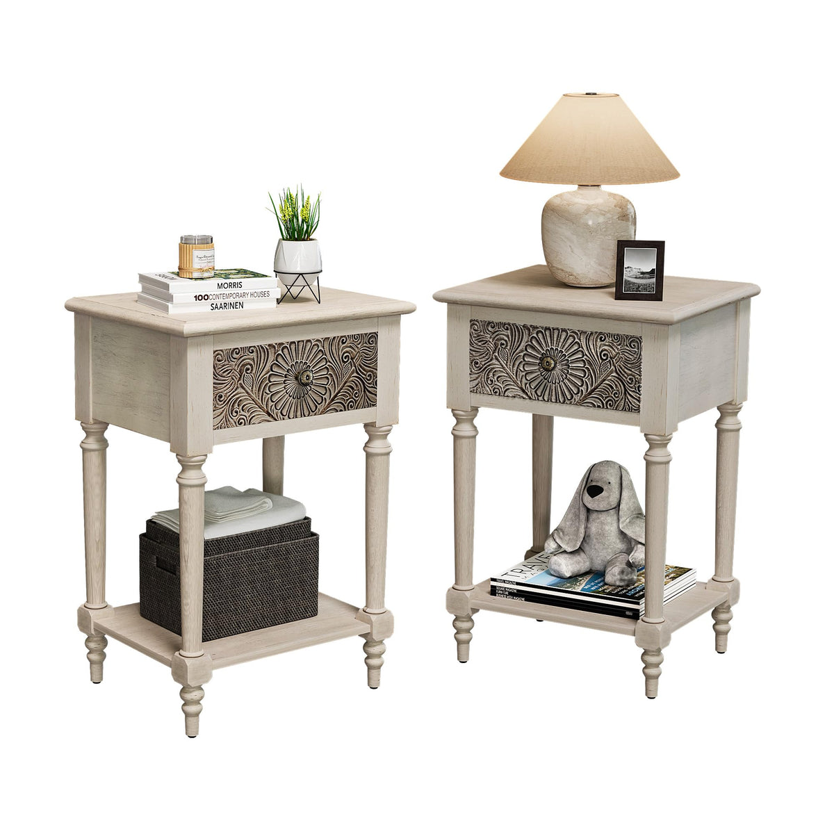 Vintage Wood Nightstand Set of 2 with Drawer and Open Shelf C84069