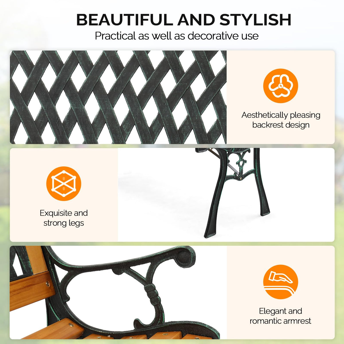 Weather Resistant Cast Iron Teak Wood 3-Person Outdoor Bench M12047
