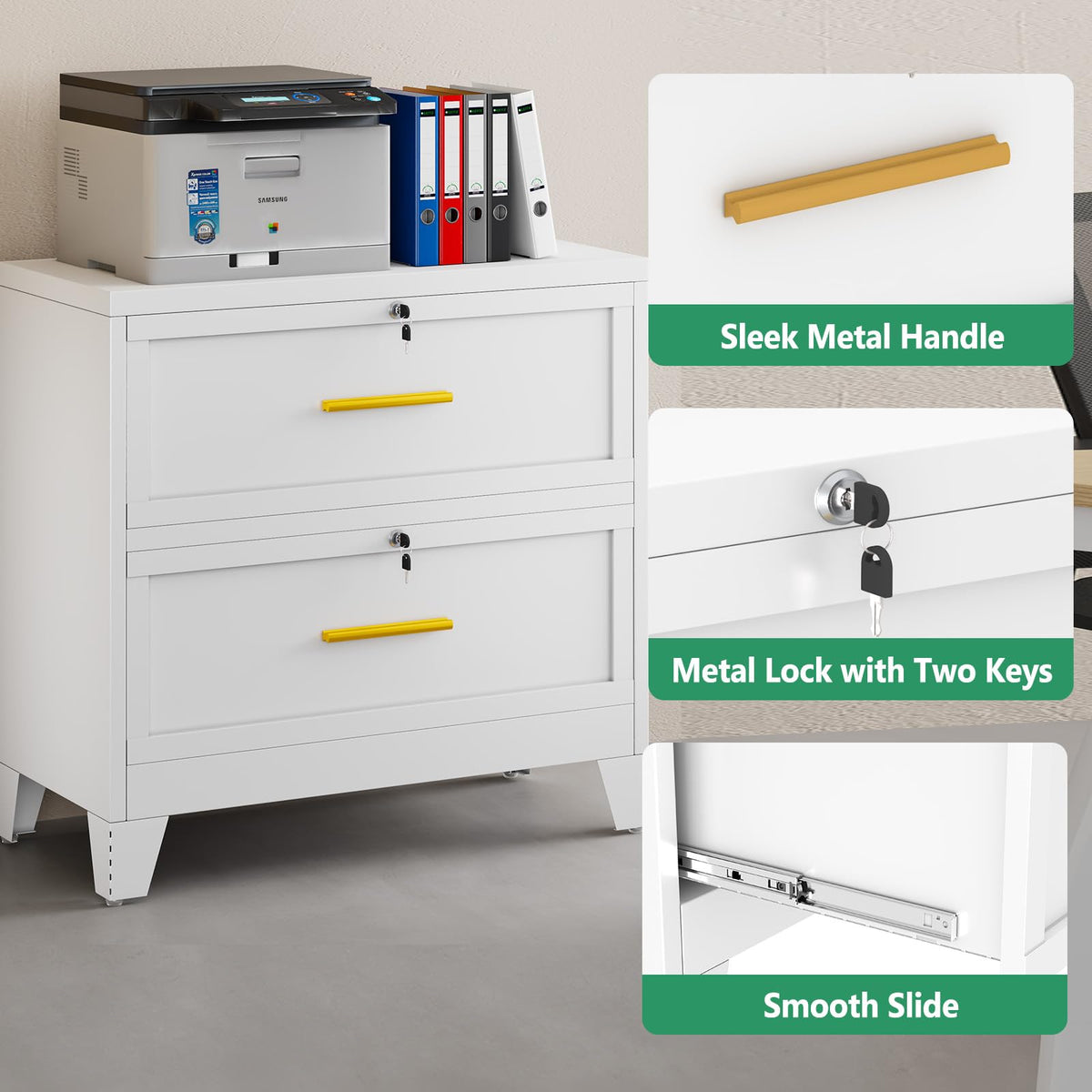 White 2 Drawer Metal Lateral File Cabinet with Lock M422010