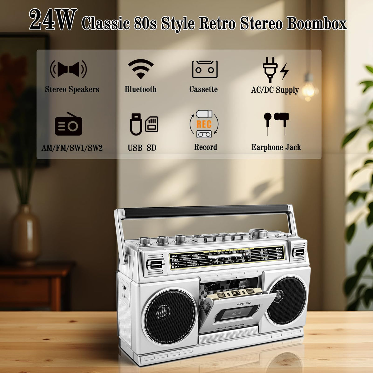 Portable Boombox with Cassette Player Recorder E31476
