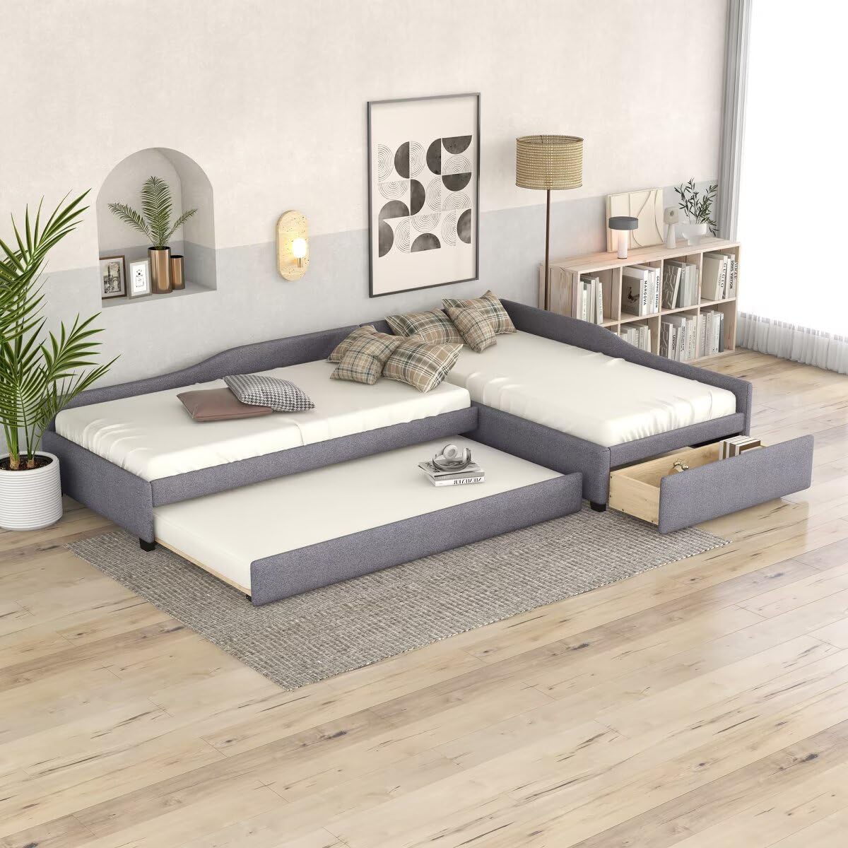 Gray L-Shaped Daybed with Trundle & Drawer D733715