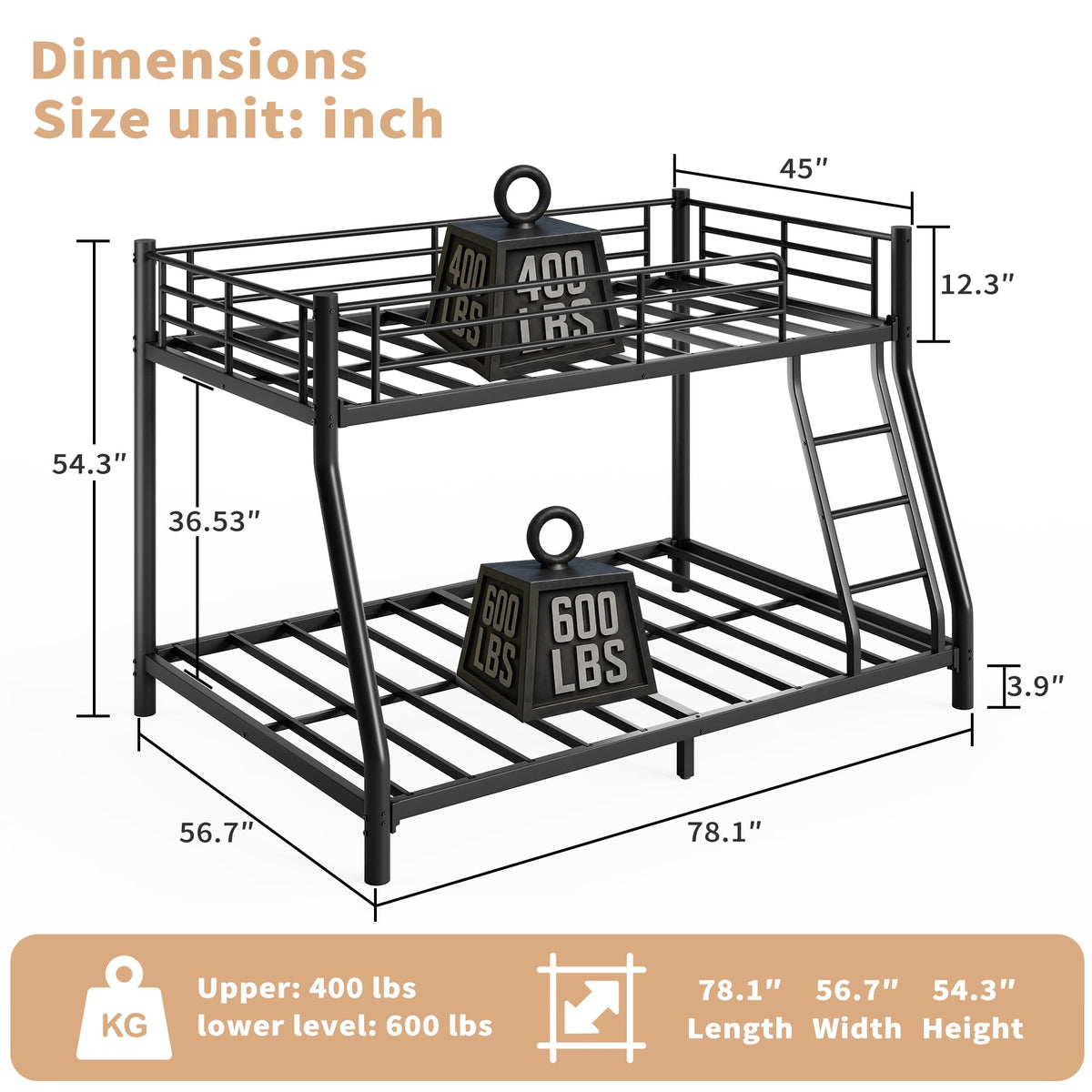 Twin Over Full Metal Bunk Bed with Guardrail and Ladder I9917