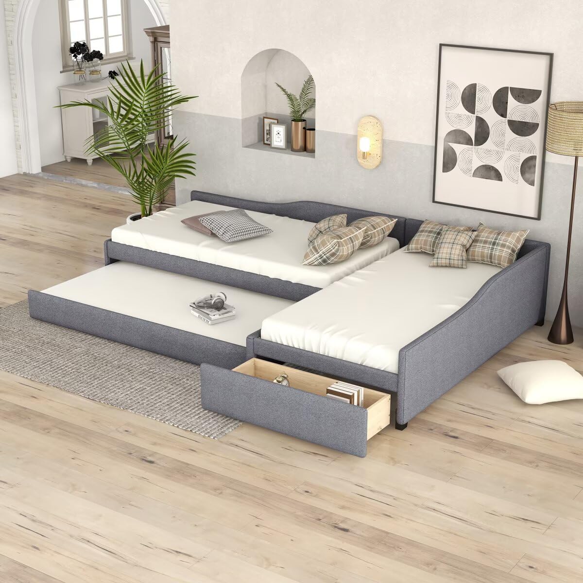 Gray L-Shaped Daybed with Trundle & Drawer D733715