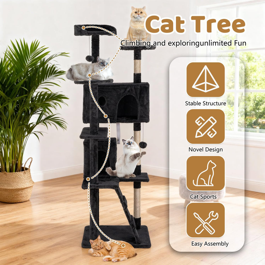 70 Inch Dark Gray Multi-Level Cat Tree with Condo U765603