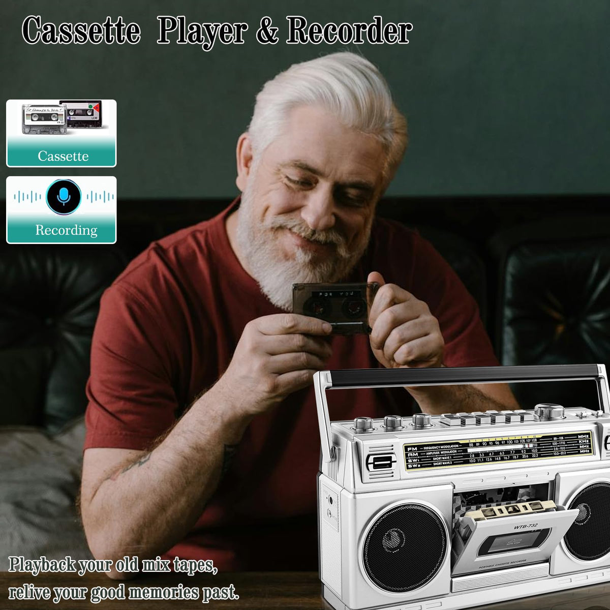 Portable Boombox with Cassette Player Recorder E31476