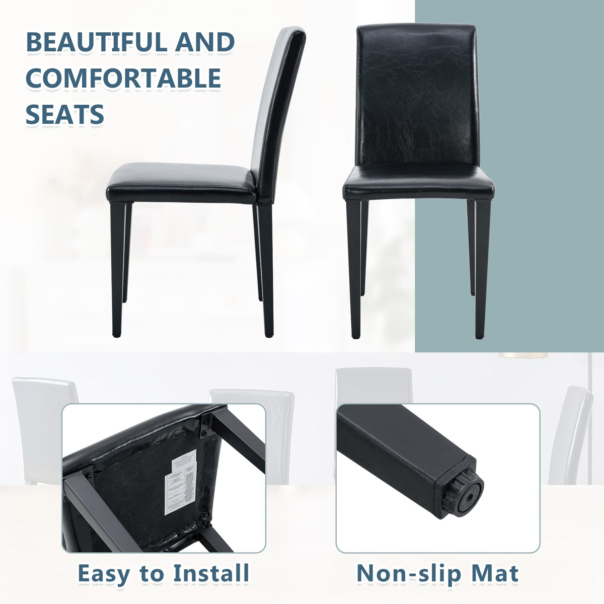 Black PU Leather Upholstered Dining Chairs Set of 2 with Metal Legs D84124