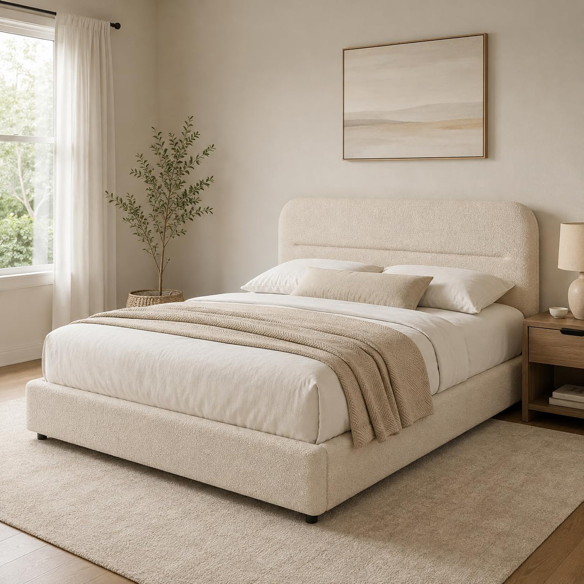 Cream Boucle Upholstered Queen Platform Bed P47600