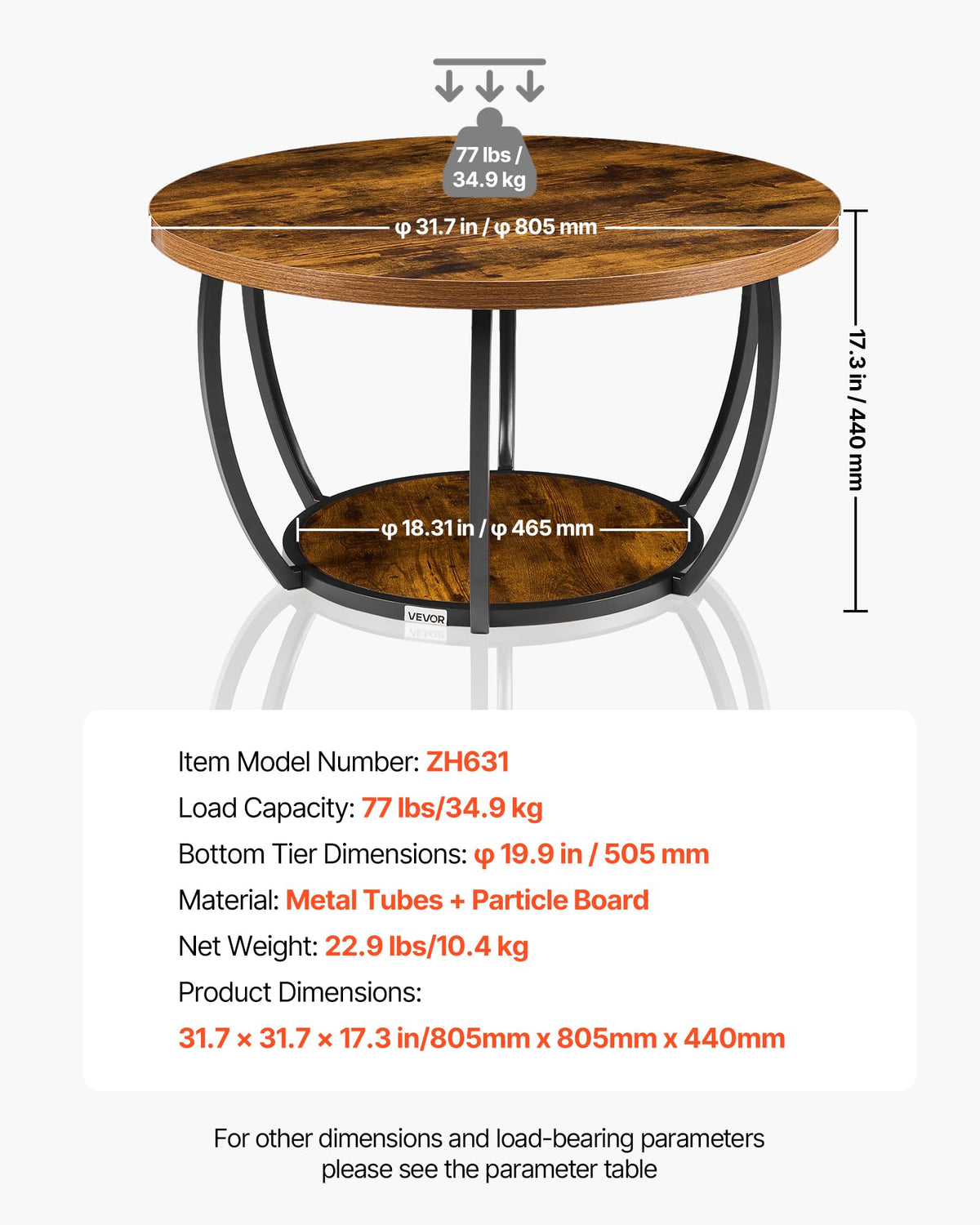Round Coffee Table, 31.5" 2 Tiers Wooden with Metal Frame, Rustic Brown O4649