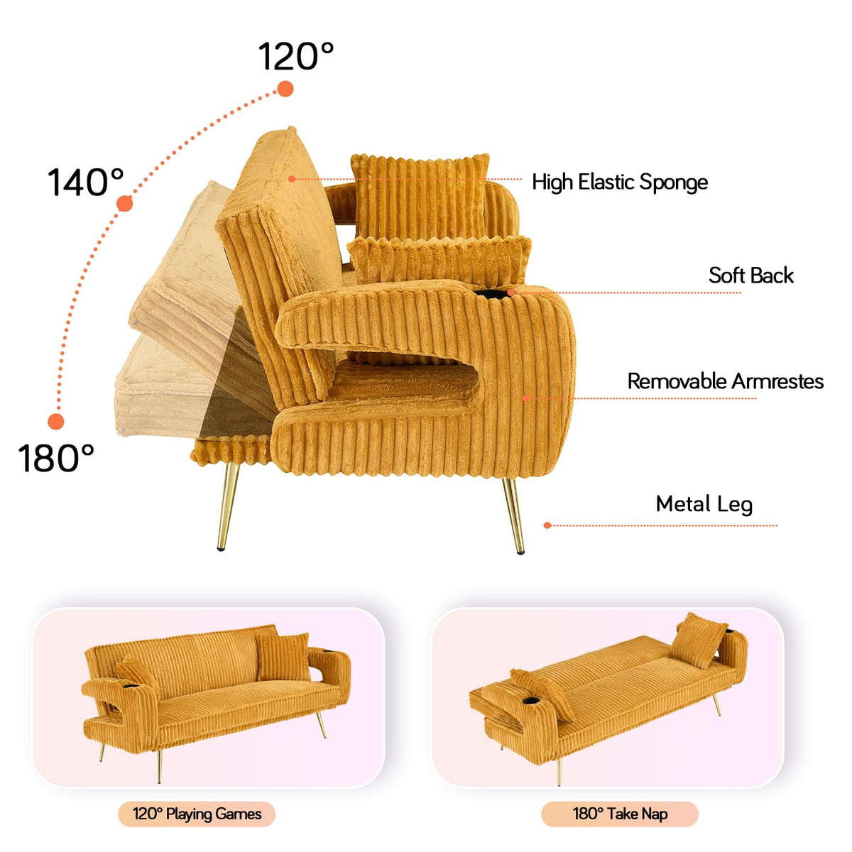 Orange Velvet Convertible Sofa Bed U694104
