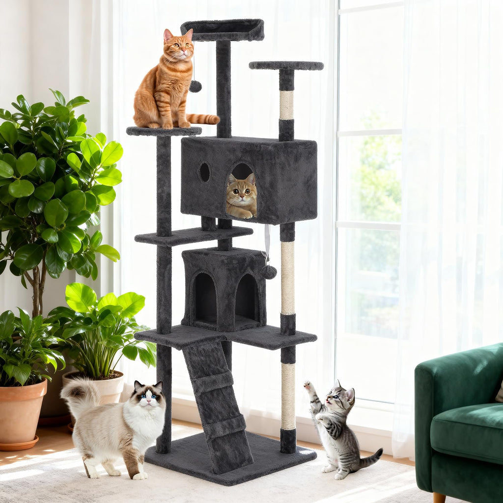 70 Inch Dark Gray Multi-Level Cat Tree with Condo U765603