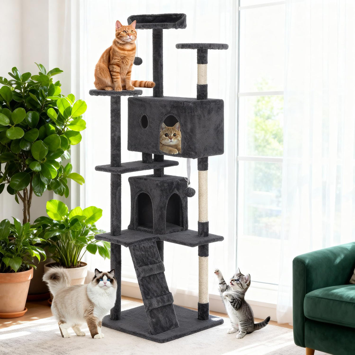 70 Inch Dark Gray Multi-Level Cat Tree with Condo U765603