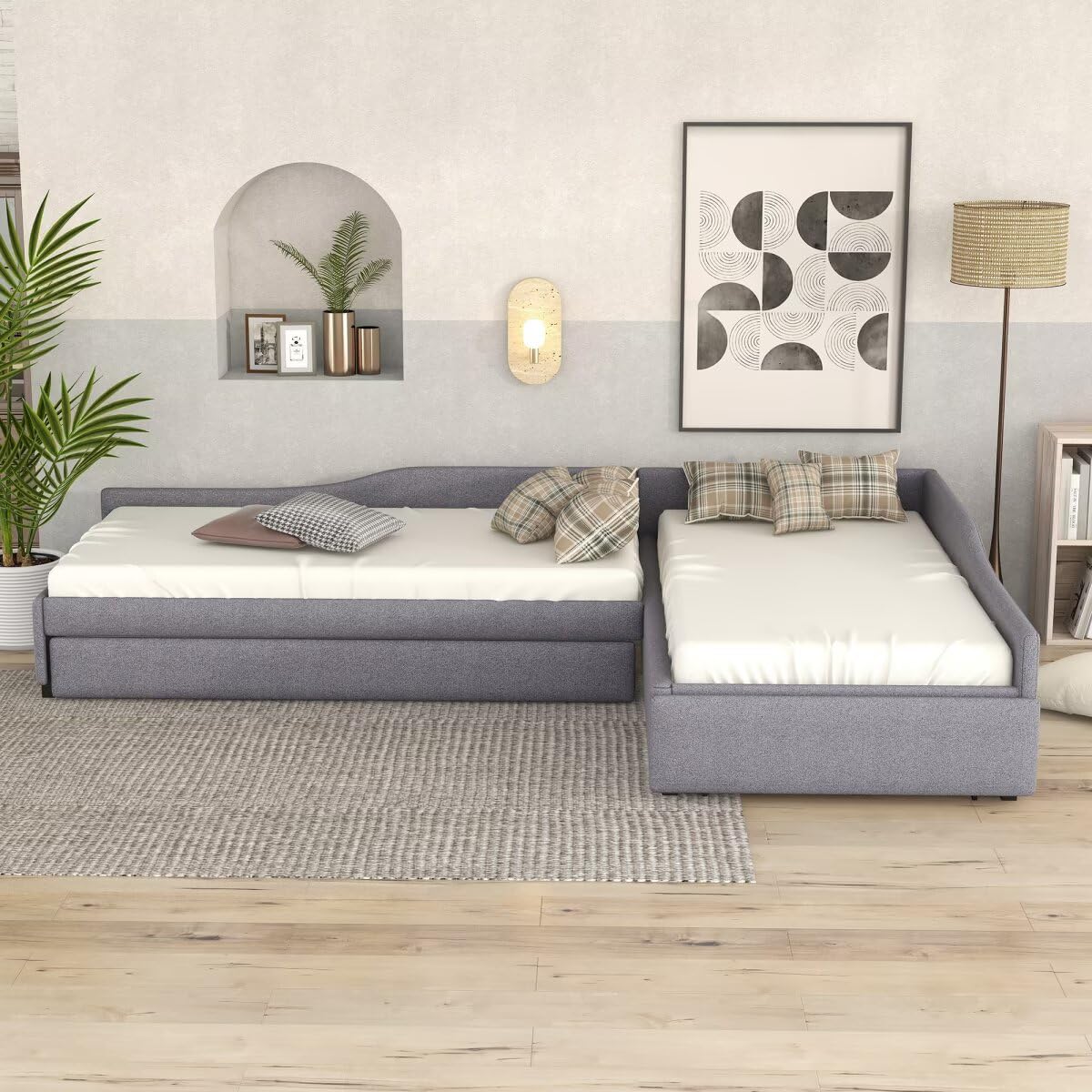 Gray L-Shaped Daybed with Trundle & Drawer D733715