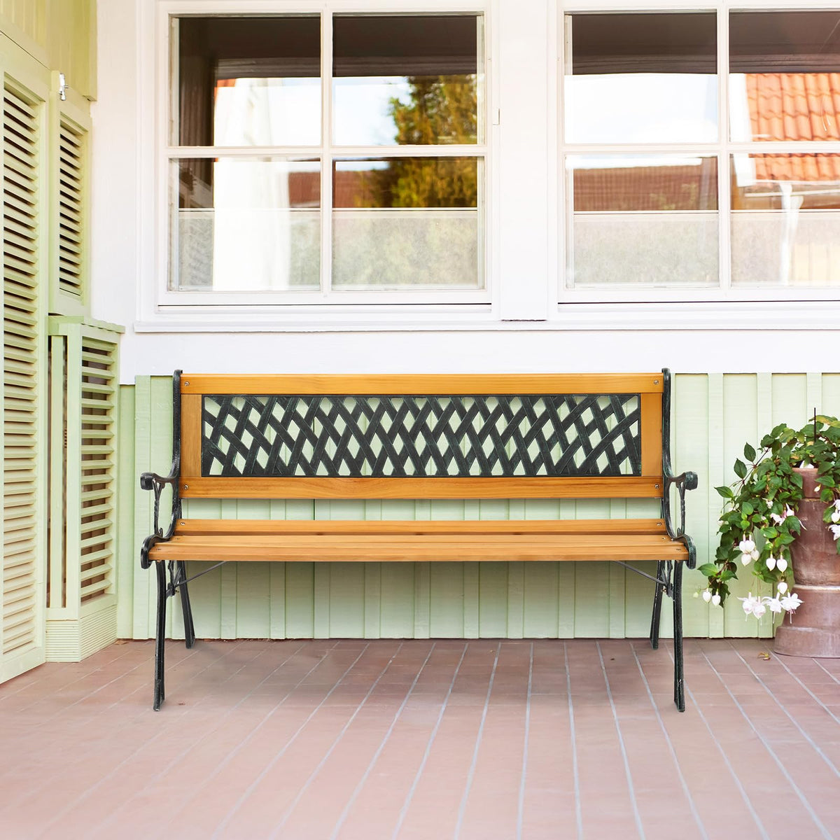 Weather Resistant Cast Iron Teak Wood 3-Person Outdoor Bench M12047