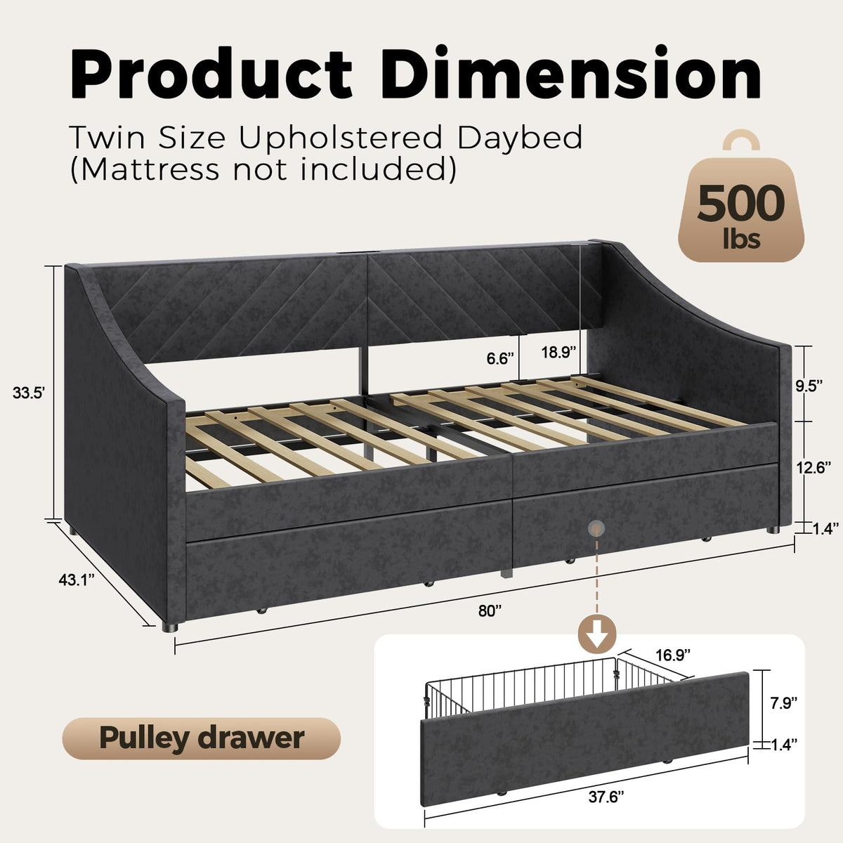 Twin Size Upholstered Daybed with 2 Storage Drawers Y257160