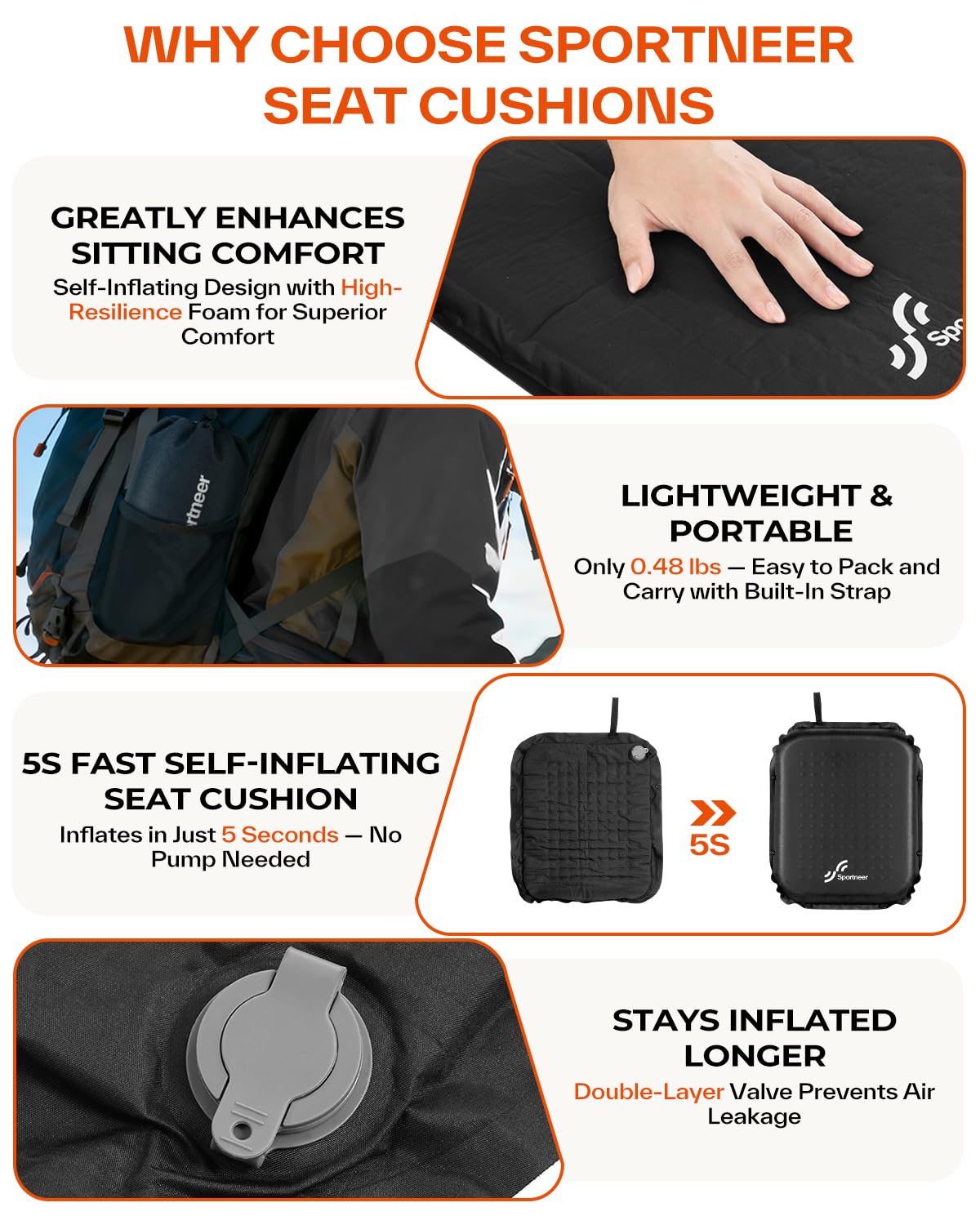 Inflatable Self-Inflating 2" High Rebound Foam Seat Cushion, 2 Pack Q53497