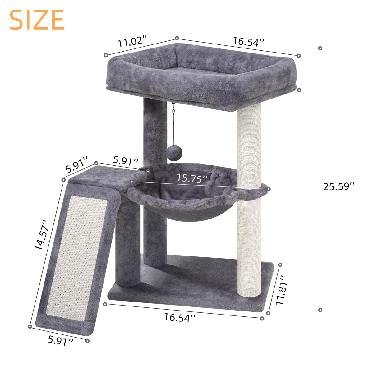 Cat Tree with Scratching Post and Hammock, Grey L977