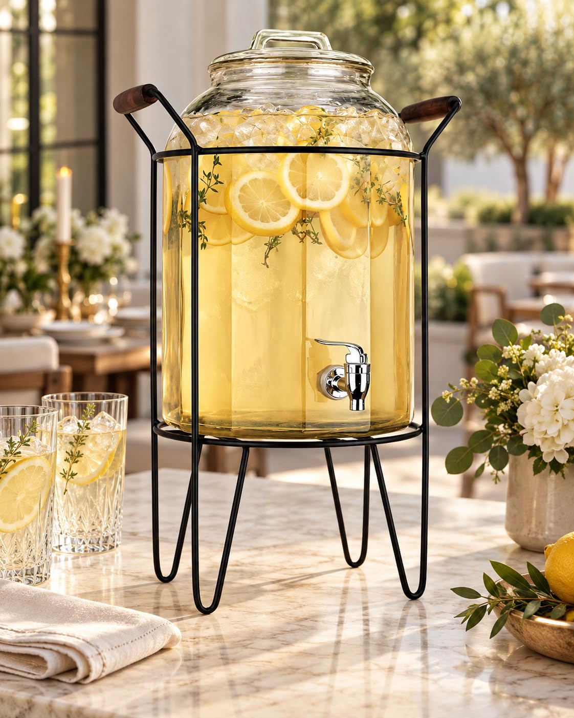3 Gallon Glass Beverage Dispenser with Glass Lid and Metal Stand J983362