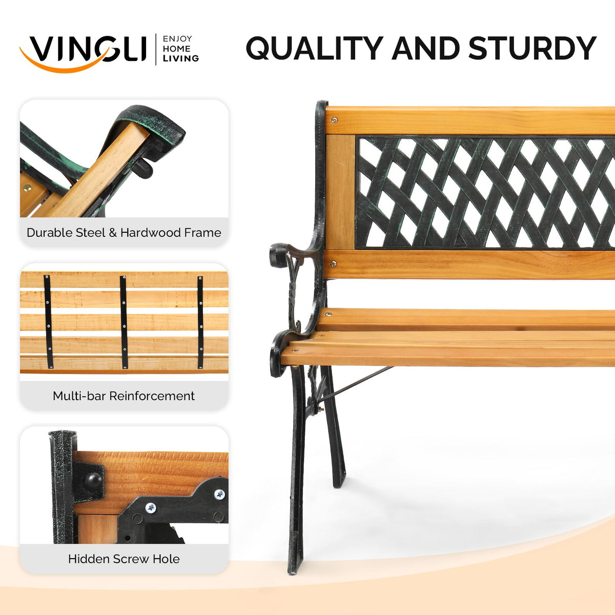 Weather Resistant Cast Iron Teak Wood 3-Person Outdoor Bench M12047