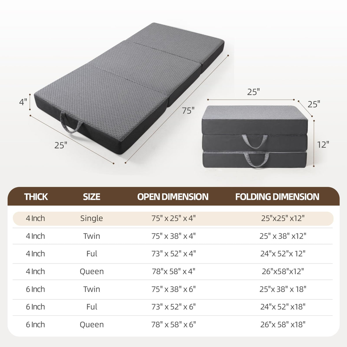 Tri Folding Memory Foam Mattress with Washable Cover K170