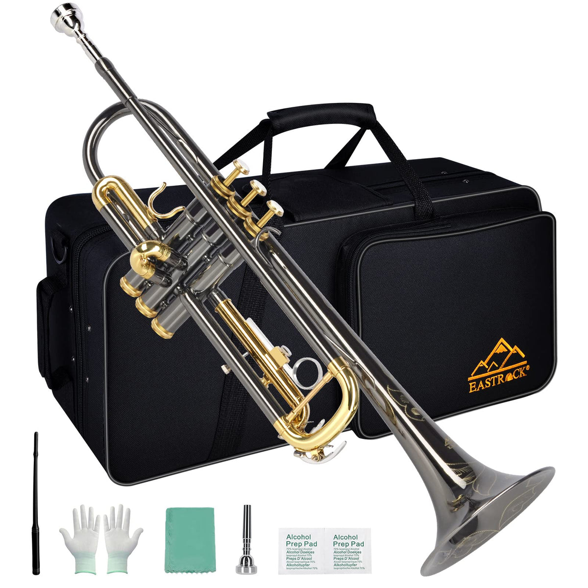 Bb Trumpet Set with Carrying Case, Gloves, 7C Mouthpiece, Tuning Rod, Black Nickel M8865