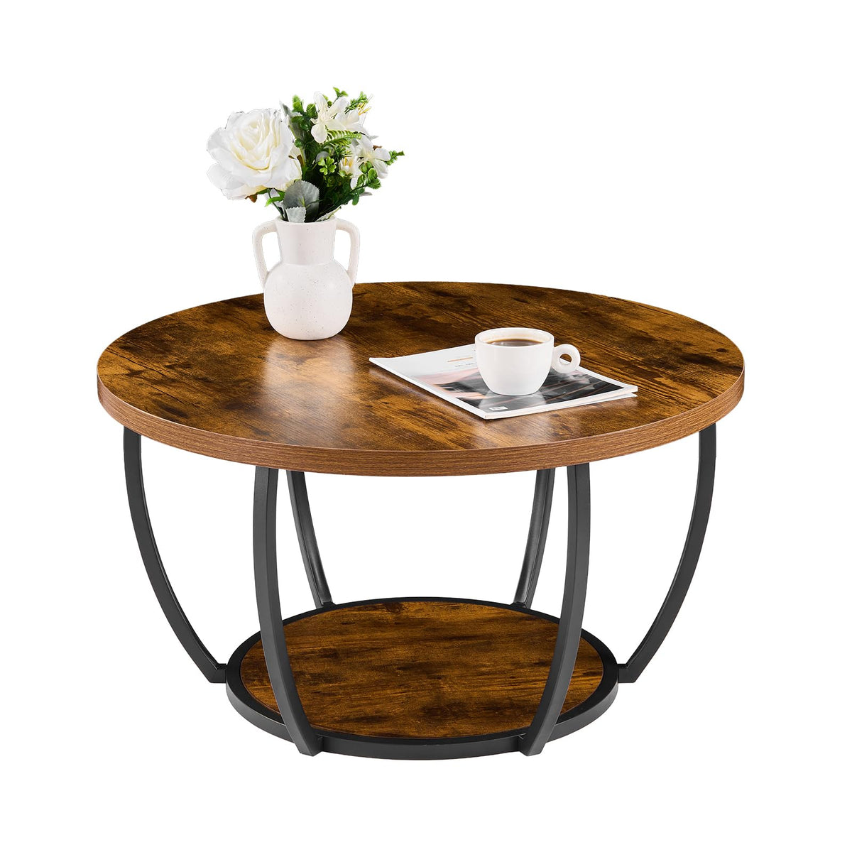 Round Coffee Table, 31.5" 2 Tiers Wooden with Metal Frame, Rustic Brown O4649