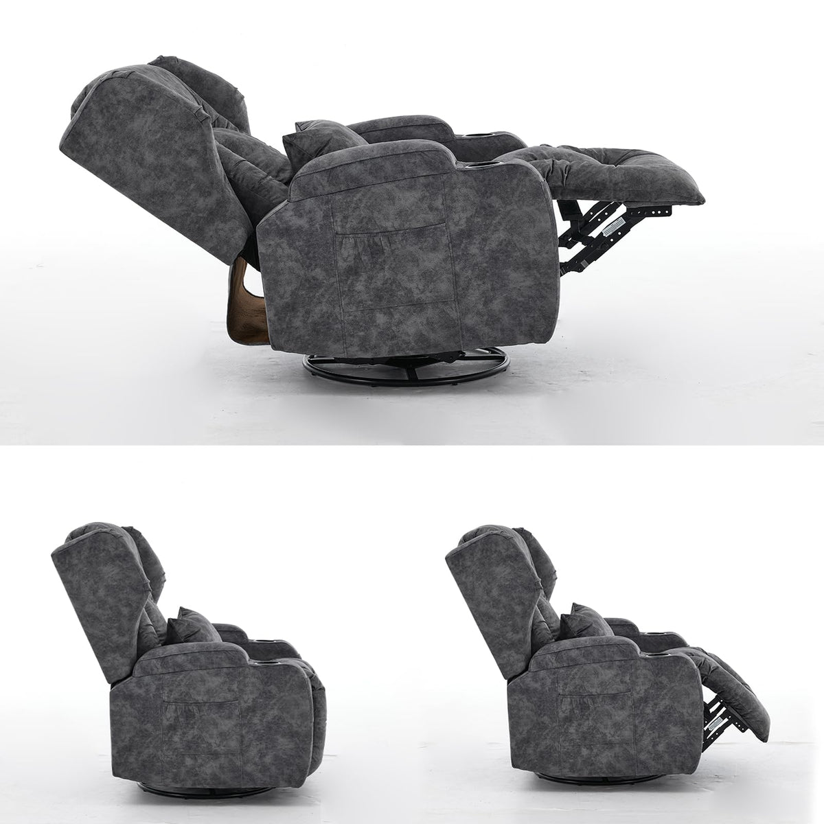 Velvet Gray Swivel Rocker Recliner Chair with Cup Holders G72756