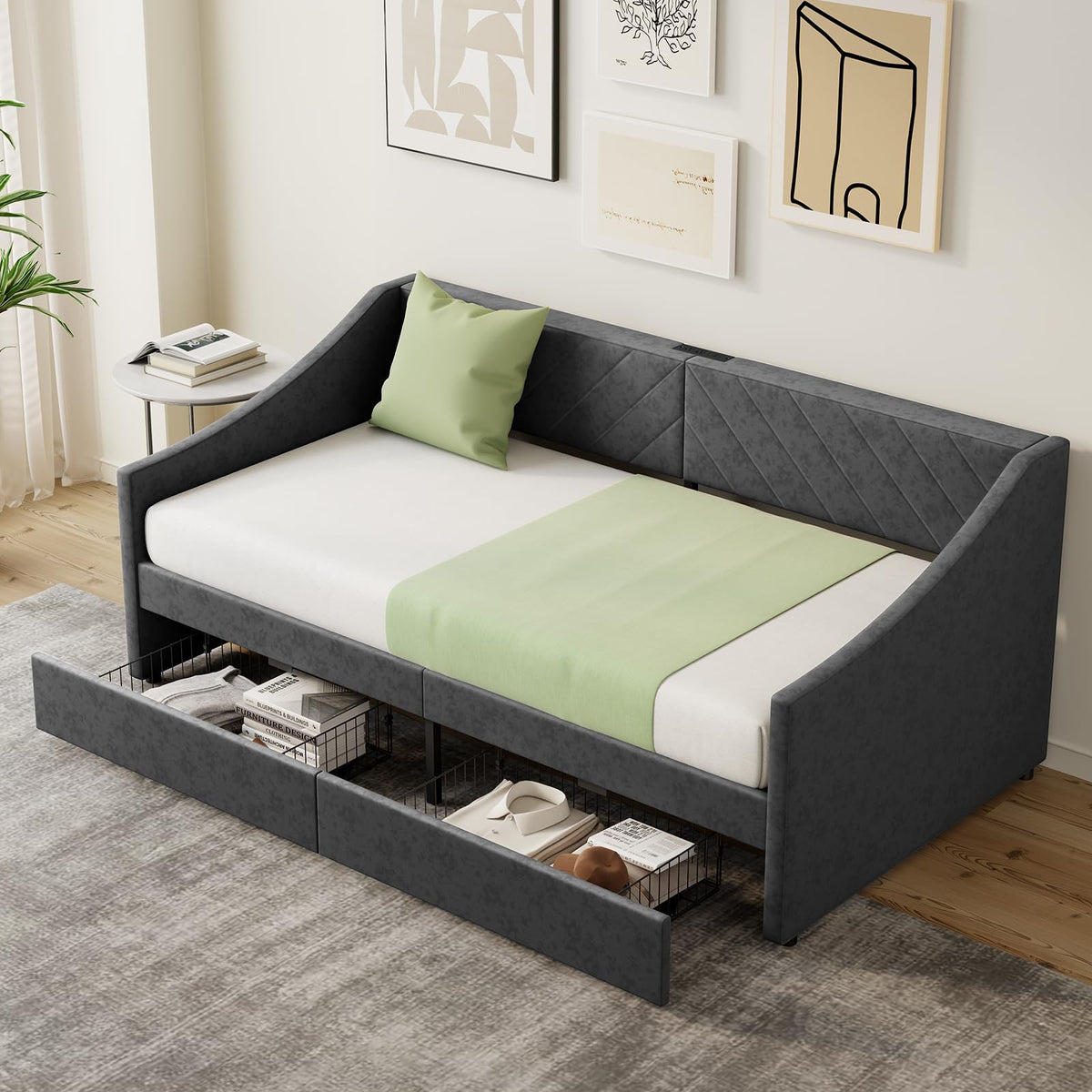 Twin Size Upholstered Daybed with 2 Storage Drawers Y257160