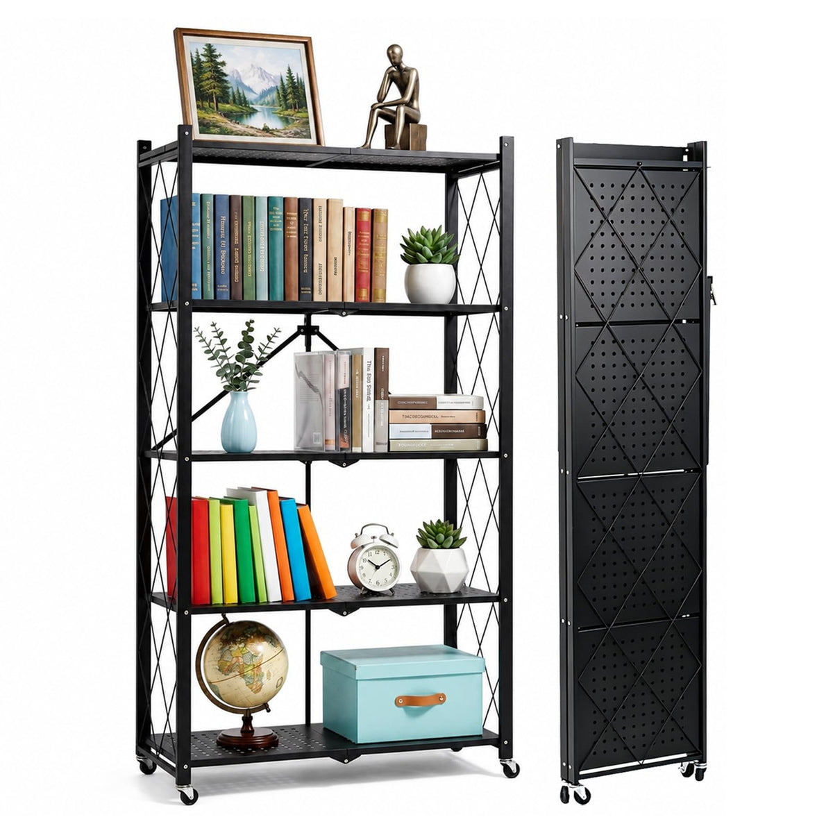 5 Tier Foldable Metal Storage Shelf with Wheels H692