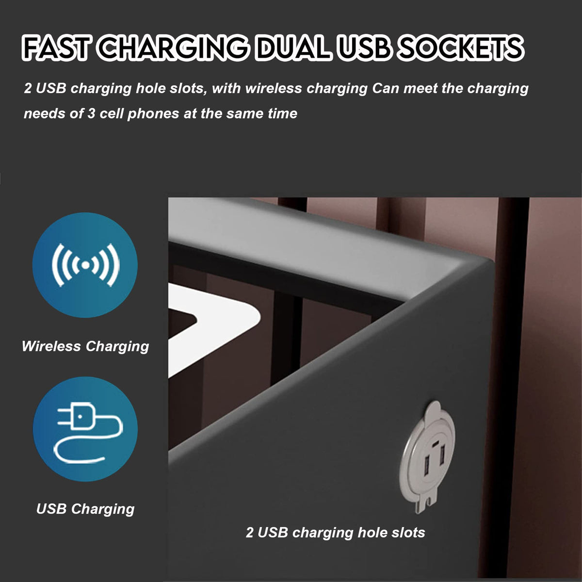 Gray 3 Drawer Nightstand with Charging Station A311