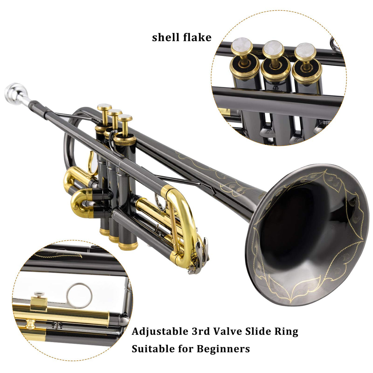 Bb Trumpet Set with Carrying Case, Gloves, 7C Mouthpiece, Tuning Rod, Black Nickel M8865
