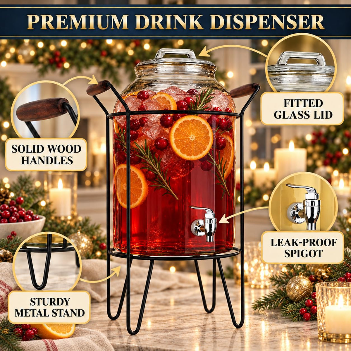 3 Gallon Glass Beverage Dispenser with Glass Lid and Metal Stand J983362