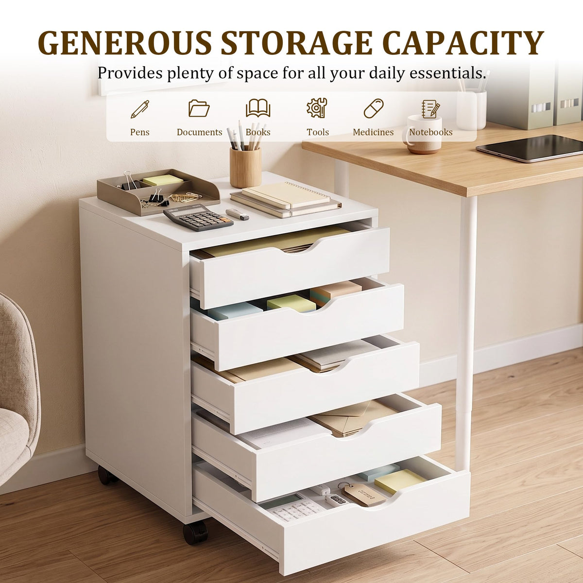 White 5 Drawer Rolling Storage Cabinet E72270