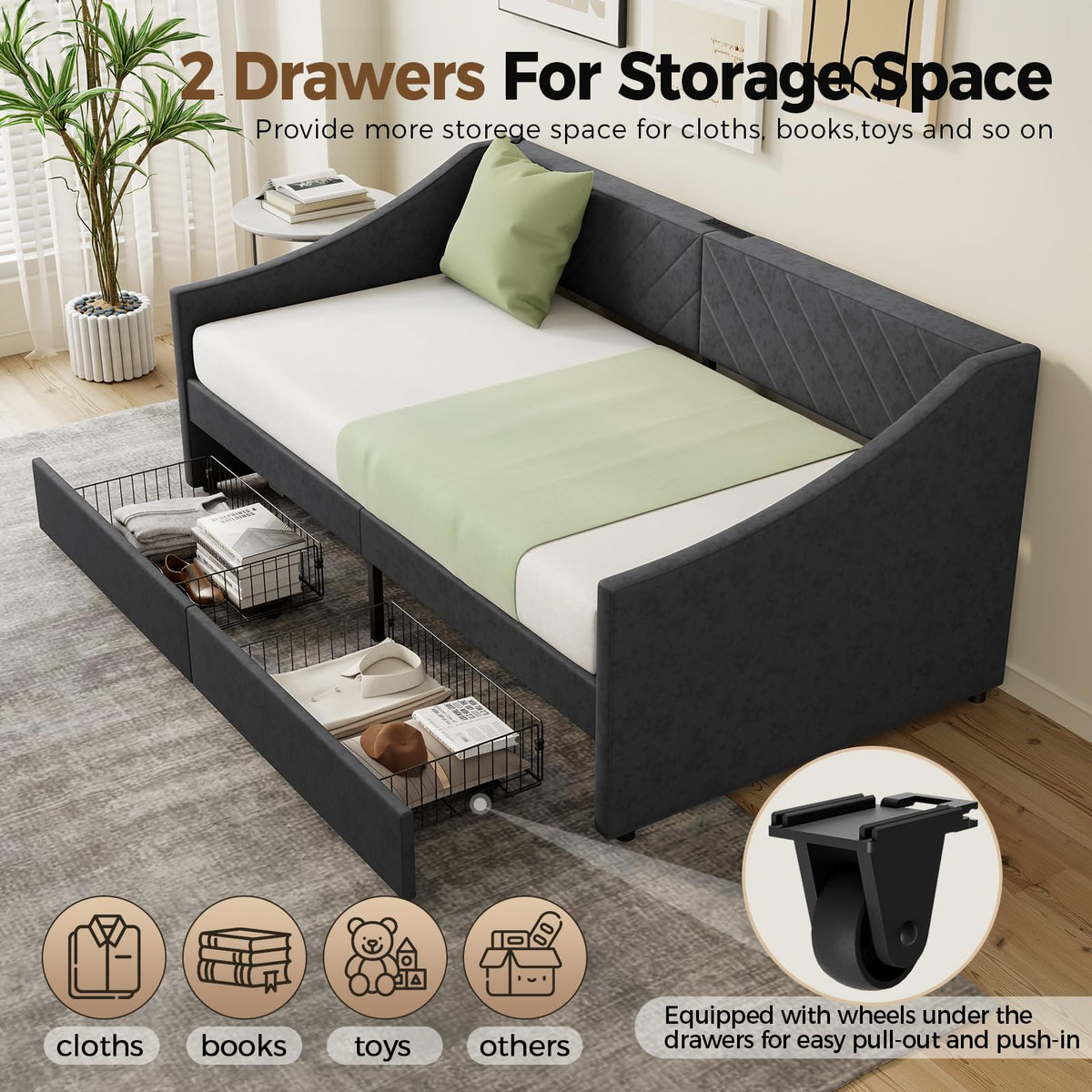 Twin Size Upholstered Daybed with 2 Storage Drawers Y257160