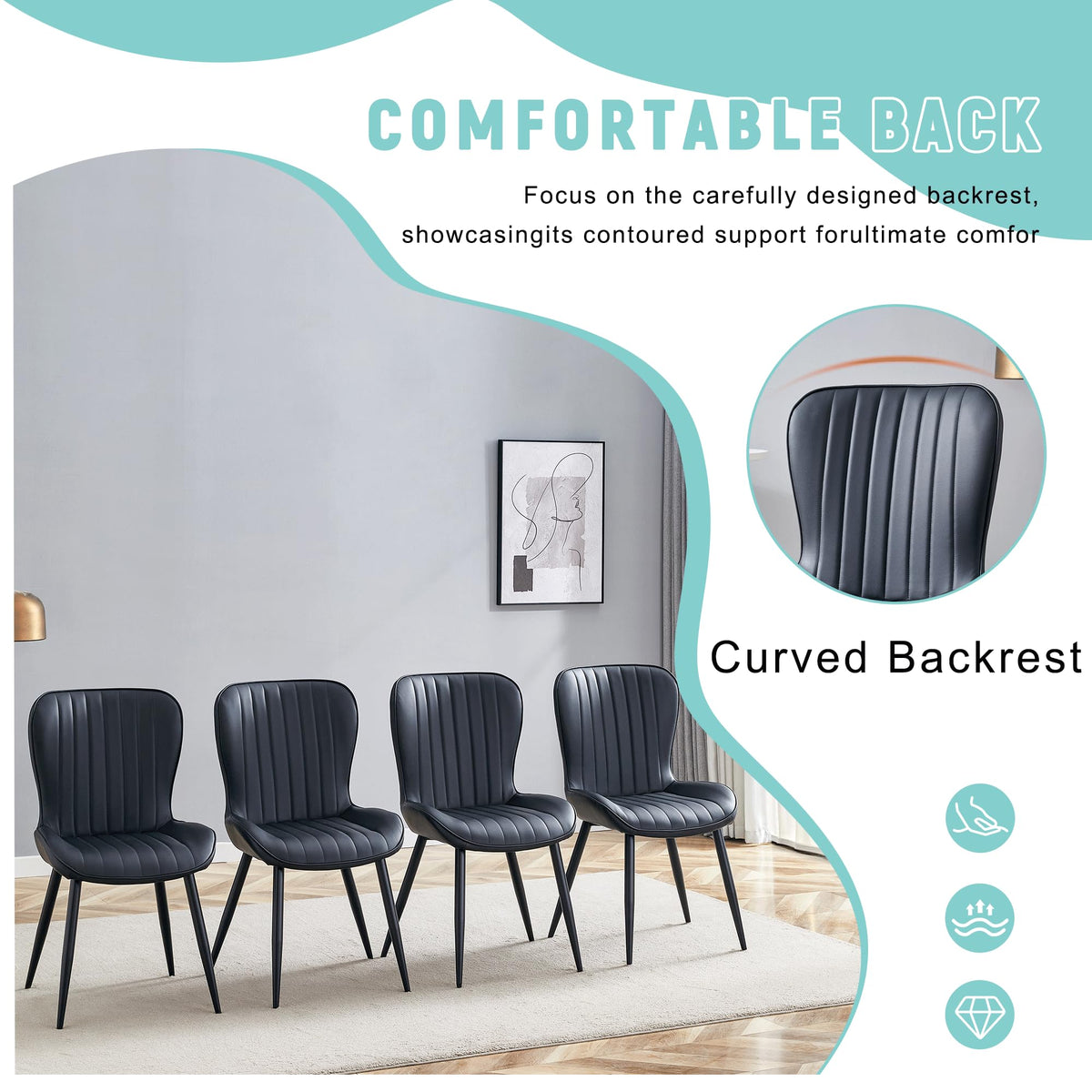 Black Dining Chairs Set of 4 PU Leather Metal Leg K63162