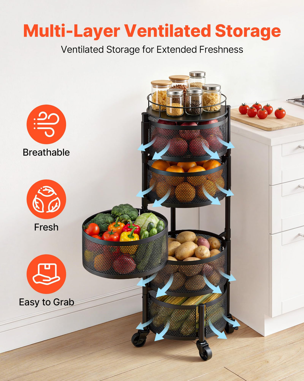 5 Tier Rotating Storage Rack Cart on Wheels, Black O3962