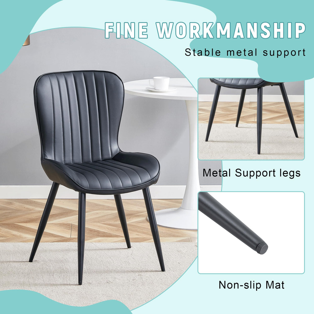 Black Dining Chairs Set of 4 PU Leather Metal Leg K63162