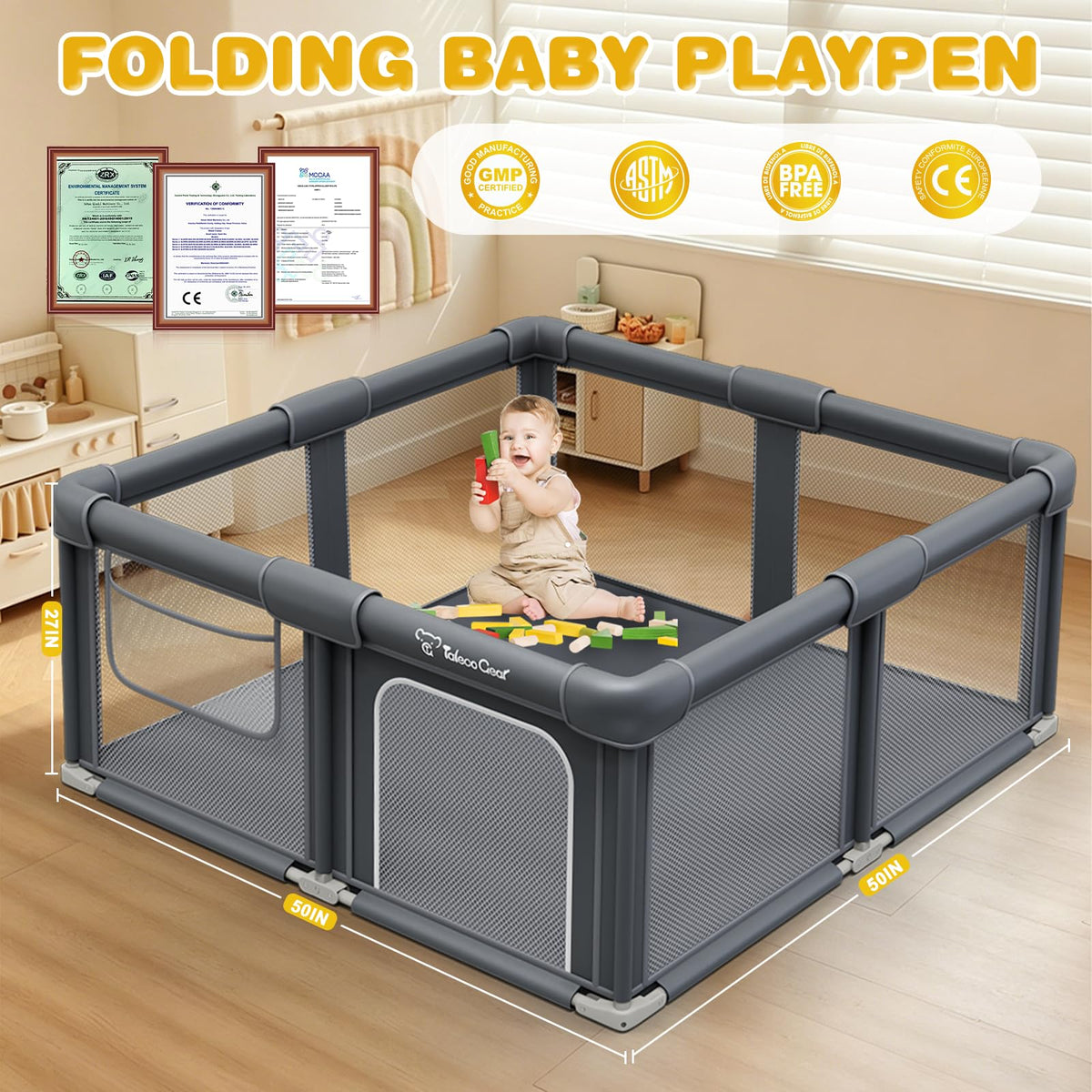 Foldable Baby Playpen with Mat P6610