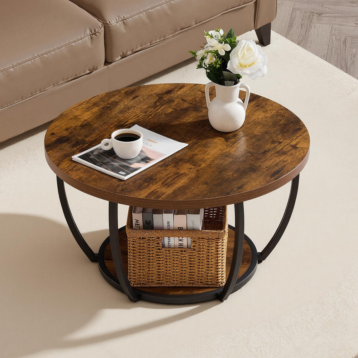 Round Coffee Table, 31.5" 2 Tiers Wooden with Metal Frame, Rustic Brown O4649