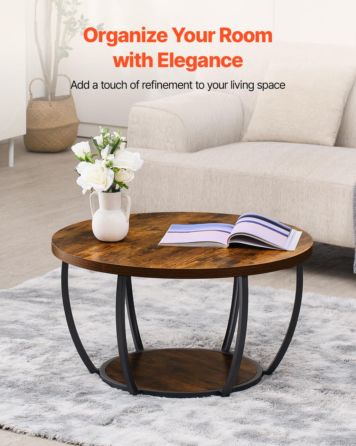 Round Coffee Table, 31.5" 2 Tiers Wooden with Metal Frame, Rustic Brown O4649